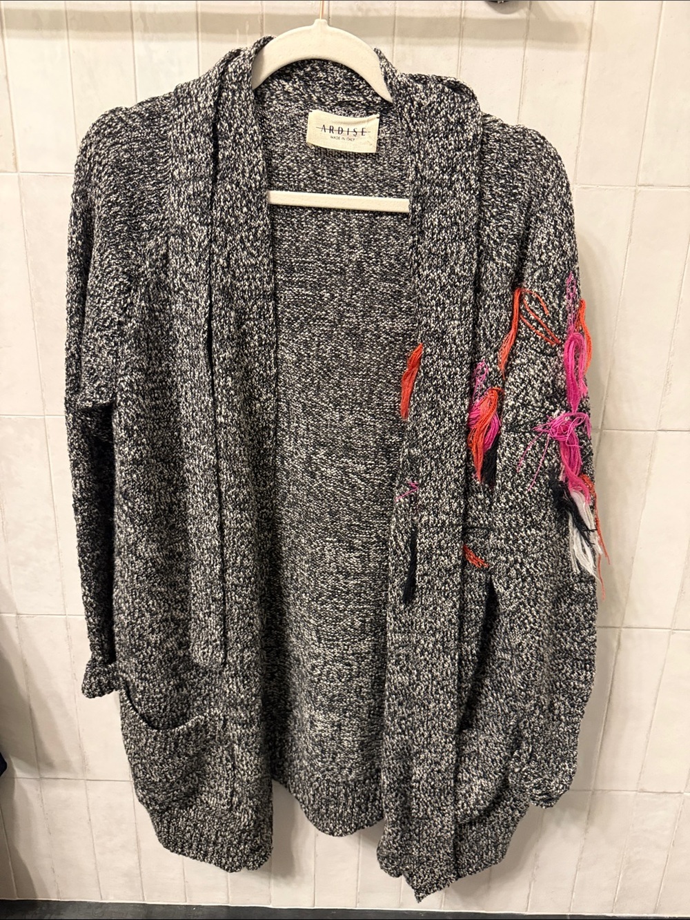 Gray Marled Open-Front Cardigan with Pink Accent